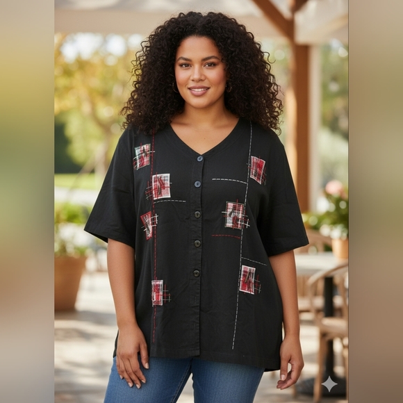 PS Casual Black Button Down Blouse With Plaid Red And Green Patchwork Size 2X - Picture 1 of 7